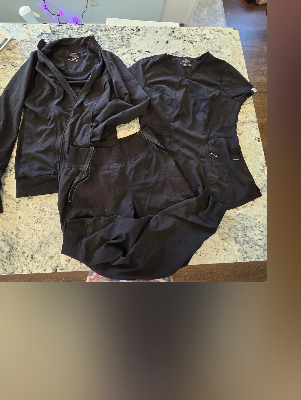 Womens 3 Piece Cherokee Infinity Black Lightweight Scrub Jacket, Top & Pants Set
